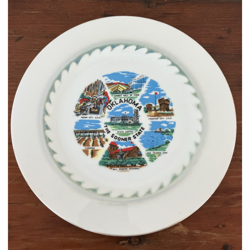 Vtg Mid Century Oklahoma Sooner State Collectable Souviner Ceramic Plate 10.5"